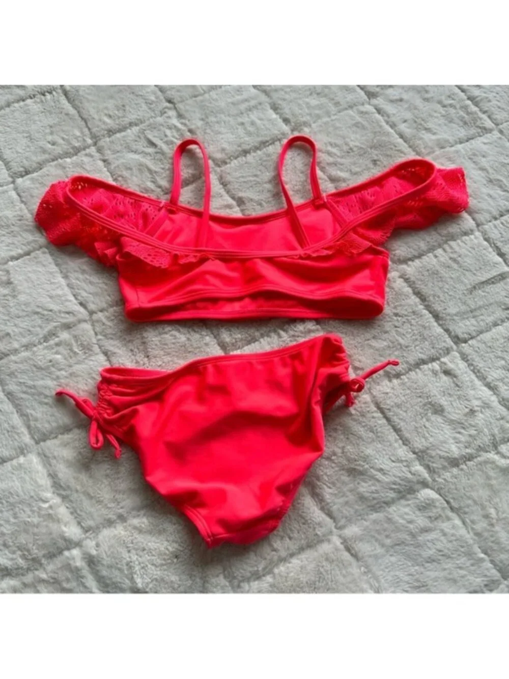 Xhilaration | Neon Coral Lace Ruffle Bikini Swimsuit Set | Size Medium (7/8)
